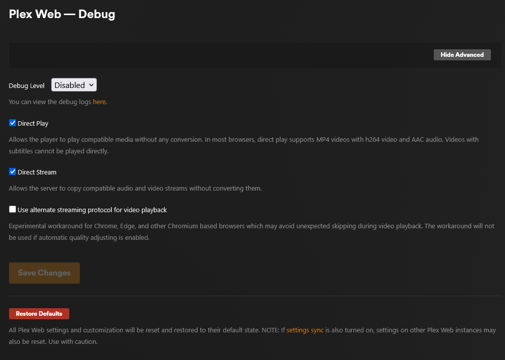 Plex Web debug settings