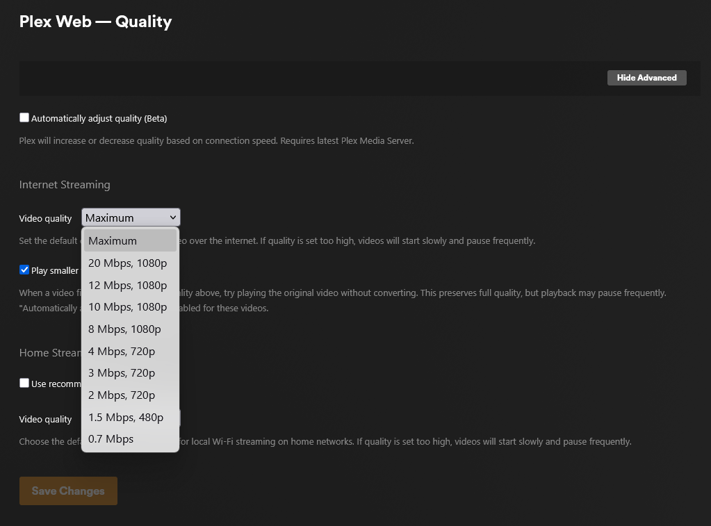 Plex Web quality settings